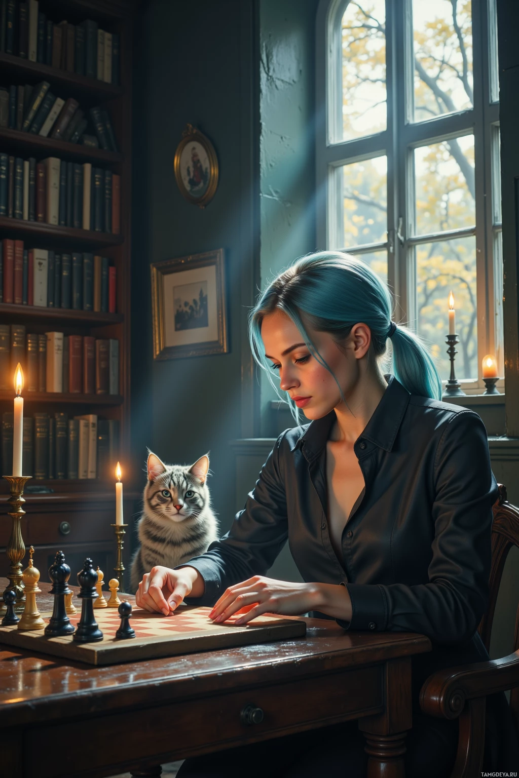 Женщина играет в шахматы с котом в уютной комнате, освещенной свечами.