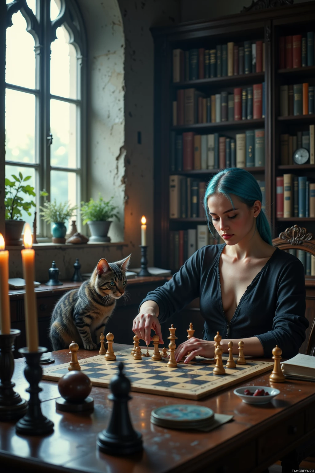 Женщина играет в шахматы с котом в уютной комнате, освещенной свечами.
