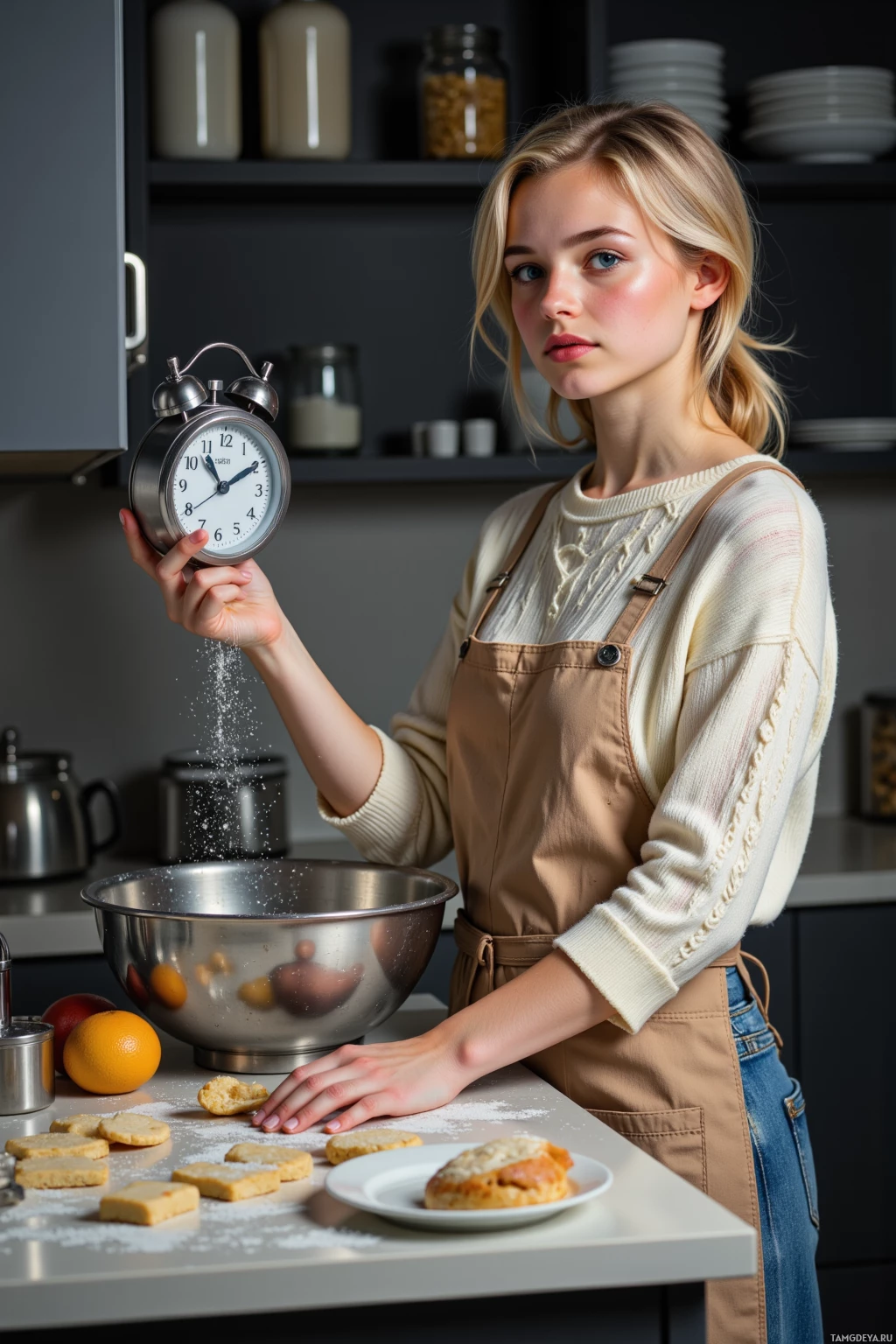 Человек в кухне посыпает мукой печенье на столешнице.