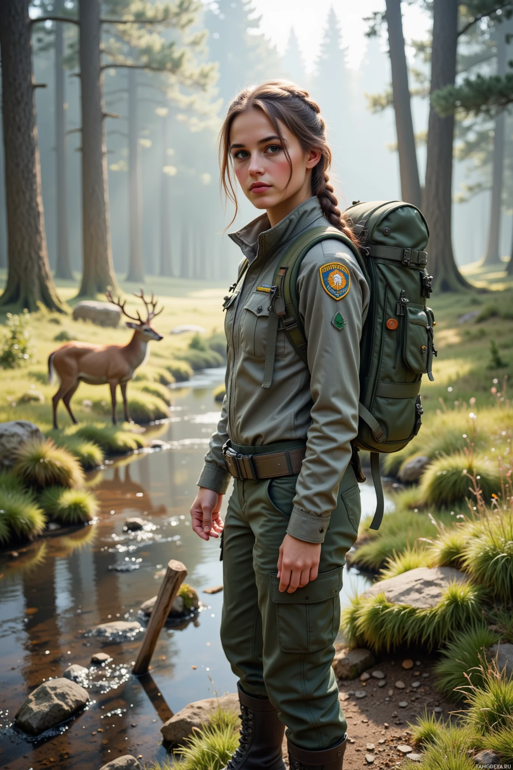 Realistic high quality photo. 29‑year‑old female forest ranger with long braided dark brown hair, bright green eyes and warm beige skin, wearing a fitted ranger jacket, rugged pants, sturdy boots, utility belt and backpack, stands on a fragile trail by a stream in early morning light, setting a temporary wooden barrier to protect fox burrows, with deer visible in the misty forest behind her, calm and focused.