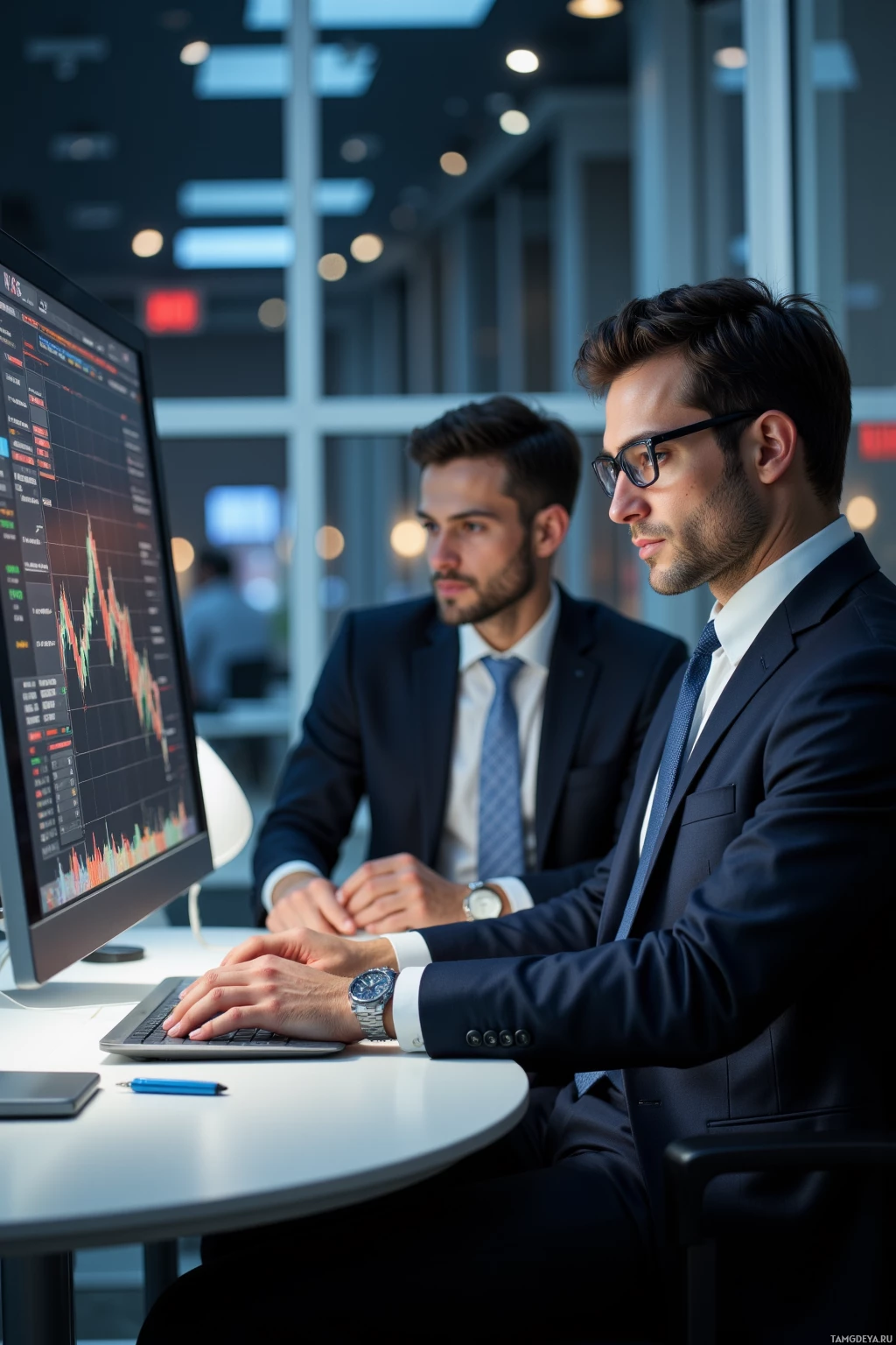 Realistic high quality photo. Mid-40s businessman with short dark hair, brown eyes, strong jawline and prominent nose in a tailored dark suit, expensive glasses and luxury watch sits at a sleek modern desk lit by soft lamp light, intensely recalibrating commodity futures on a high‑resolution monitor after an AI alert, while blurred competitors scramble behind glass office walls.