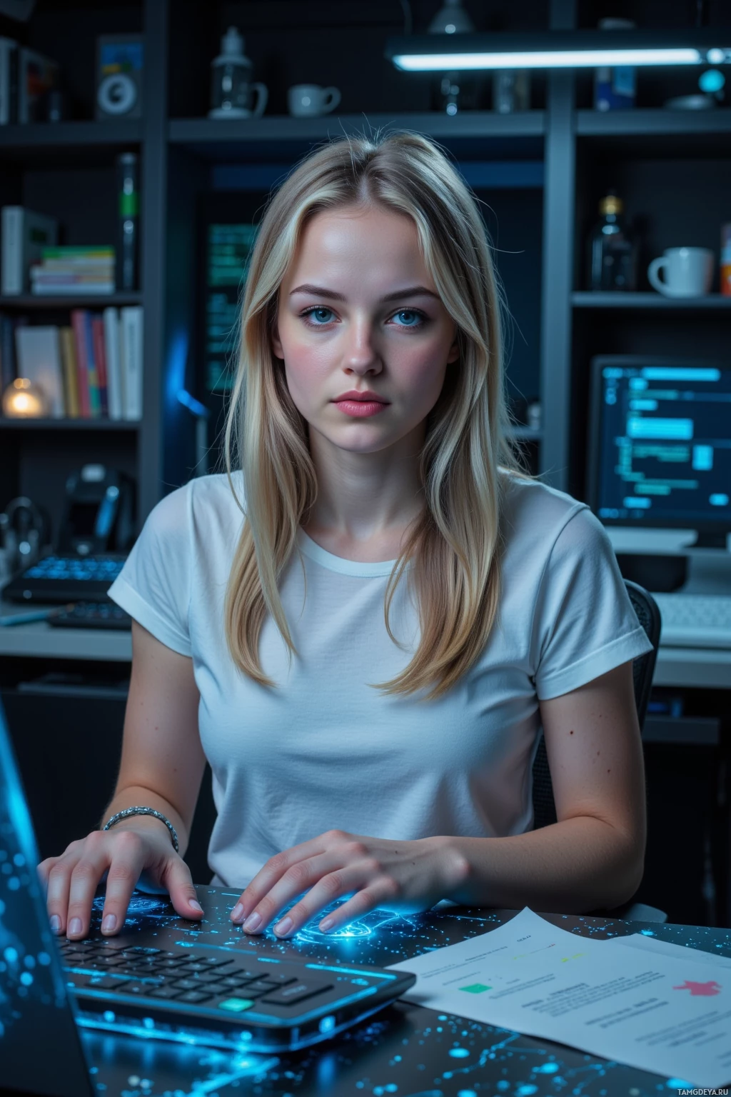 Realistic high quality photo. Female coder, 27, long blonde hair, bright blue eyes, wearing a simple white t‑shirt and dark jeans, works at a floating holographic console in a dimly lit cyber laboratory, turning lullaby melodies into neural network diagrams while swirling error bubbles flare around her at midnight.