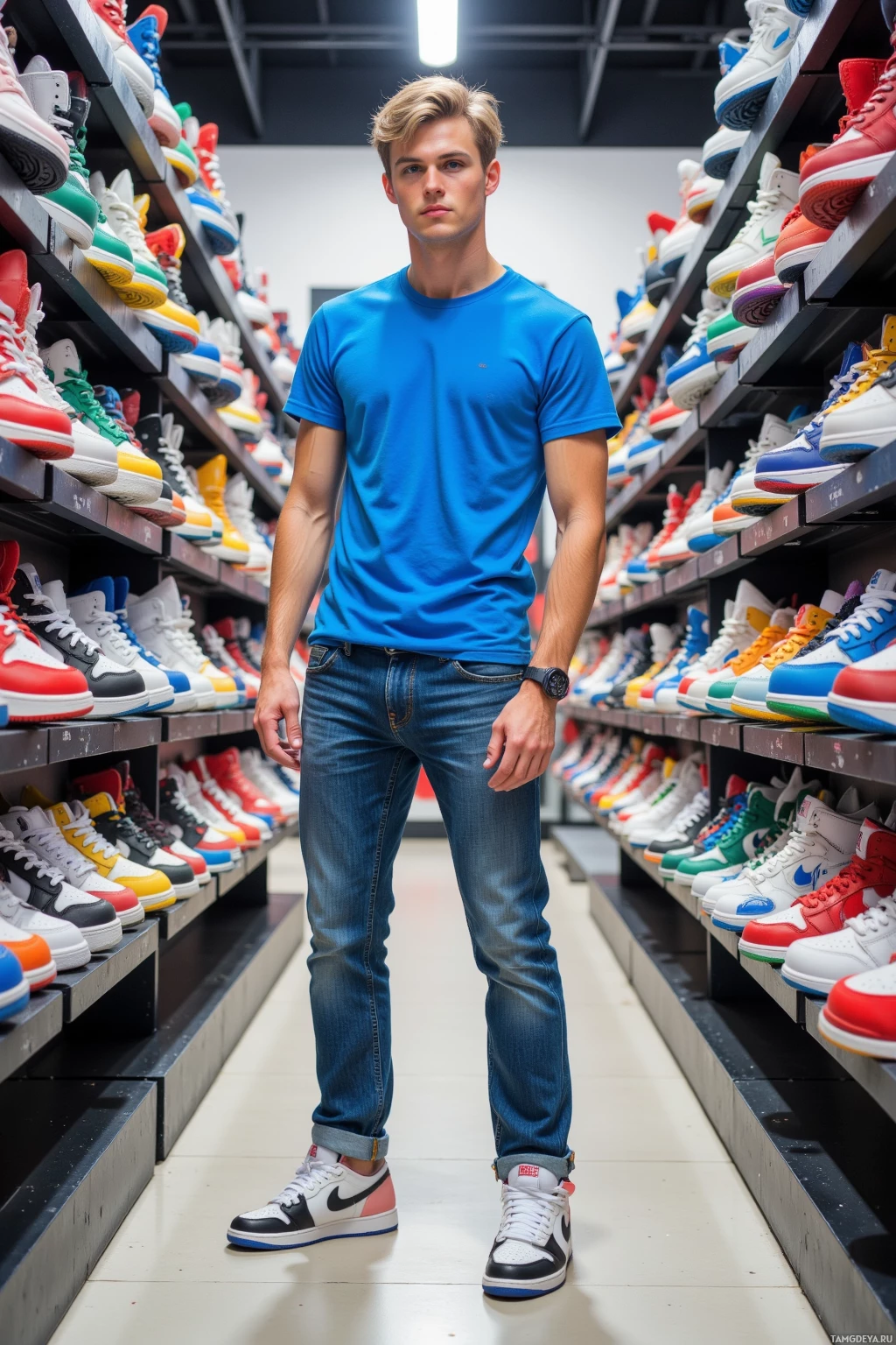 Realistic high quality photo. A confident 20‑year‑old male sneakerhead with blonde hair and blue eyes, wearing a bold blue t‑shirt, denim jeans, and sleek limited‑edition sneakers, stands in a modern shoe store aisle lined with bright color‑blocked Airs, carefully examining each sole under natural daylight.