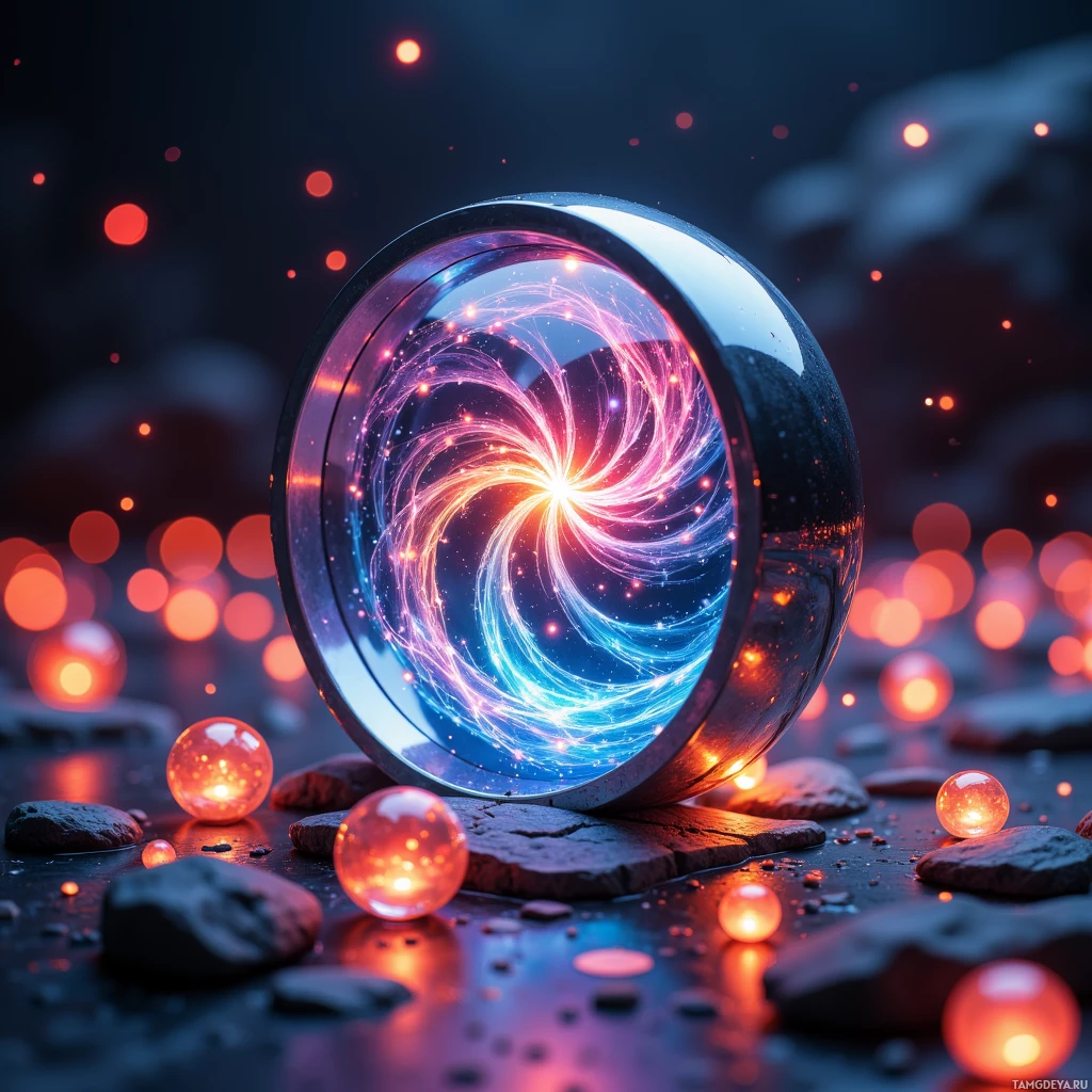 Semi-abstract image with many light, that is suitable for the post:  A 6‑centimeter translucent glass sphere with a reflective silver rim, housing tiny sensors and an internal floating mini‑screen that displays swirling vibrant color patterns in response to heartbeat.