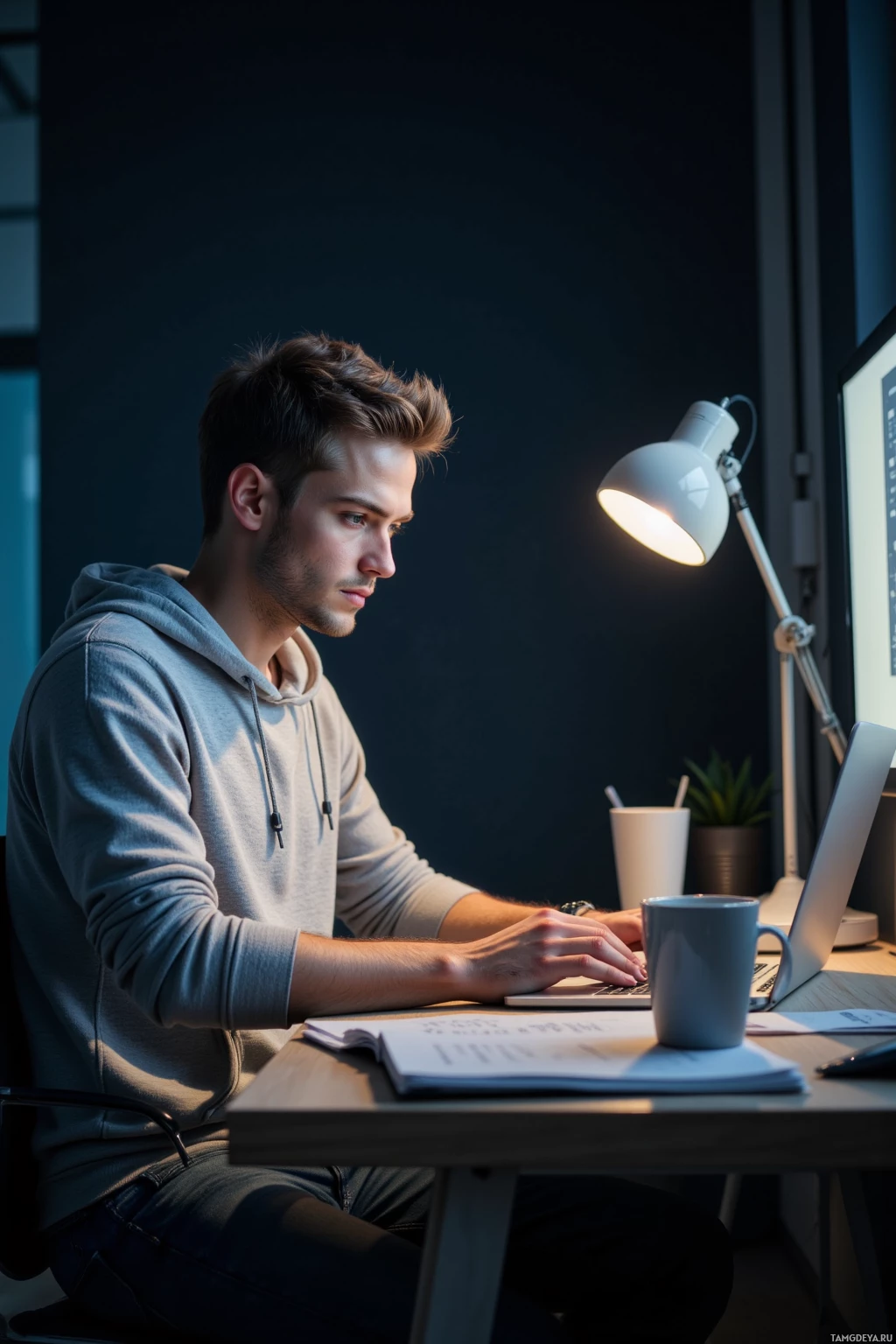 Realistic high quality photo. 27-year-old man with short light brown hair, clear blue eyes, wearing a simple gray hoodie and dark jeans, intently scrutinizing lines of code on a laptop in a dimly lit modern office, surrounded by notebooks and a coffee mug, a desk lamp casting focused light, late afternoon.