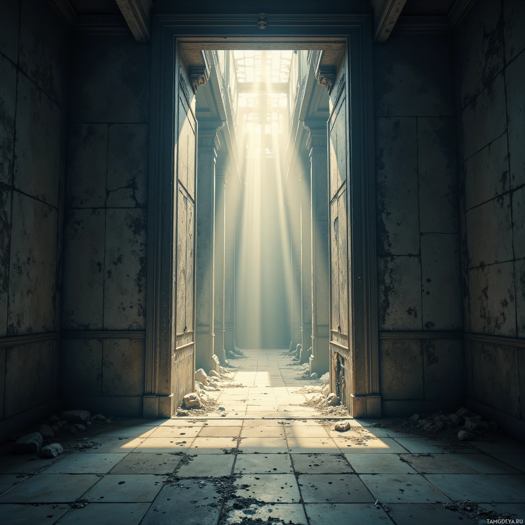 Semi-abstract image with many empty light space at center of beautiful background, that is suitable for the post:  The abandoned elevator sighs in the hollow of a forgotten skyscraper, carrying memories like dust motes.