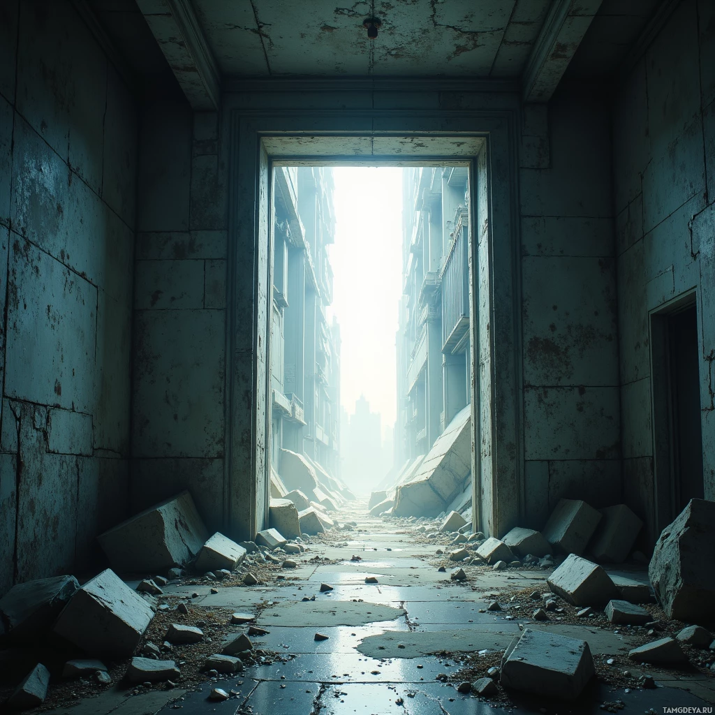 Semi-abstract image with many empty light space at center of beautiful background, that is suitable for the post:  The abandoned elevator sighs in the hollow of a forgotten skyscraper, carrying memories like dust motes.