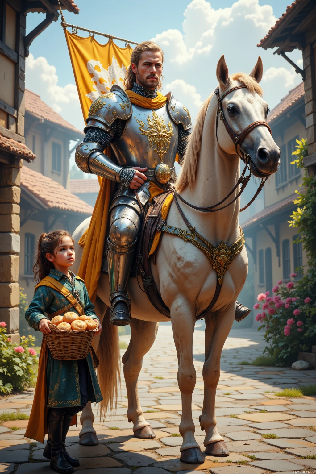 Realistic high quality photo. Tall muscular male knight Sir Longclaw with long blonde hair tied at the back, bright blue eyes, fair skin, wearing shining silver armor etched with scenes of justice, a golden cloak, sword at his side, mounted on his noble horse Sir Hoofington bearing a banner of justice, morning light gleaming over his armor in a village courtyard as a small child with a basket of apple pies begs him to carry them while he firmly declines in a determined stance.
