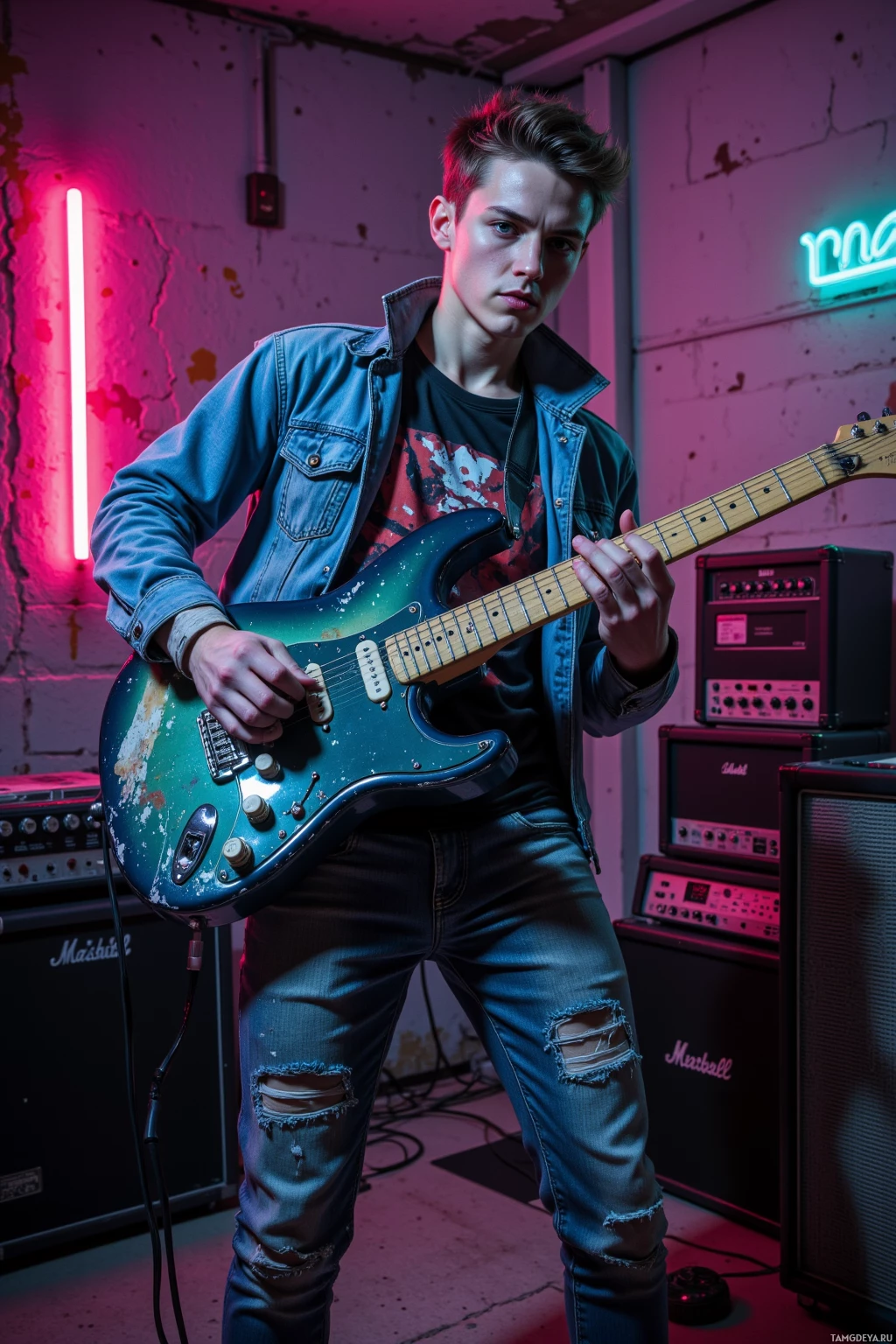 Realistic high quality photo. A 25‑year‑old rebellious punk musician with short light brown hair, piercing blue eyes, pale skin, wearing a worn denim jacket and ripped graphic tee, cranking a battered amp in a dim basement at midnight, distorted guitar chords echo off cracked concrete walls splashed with vivid neon paint, his fingers dancing across battered strings amid raw chaotic energy.