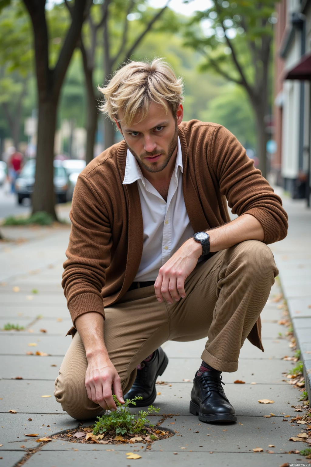 Realistic high quality photo. Man with messy blonde hair, blue eyes, wearing a loose brown cardigan over a white shirt and beige corduroy pants, standing on a city sidewalk in a park, kneeling to examine a thin layer of moss covering a crack where his keys are hidden, while a small invasive shrub blooms in front of him amid concrete and scattered leaves under midday light.