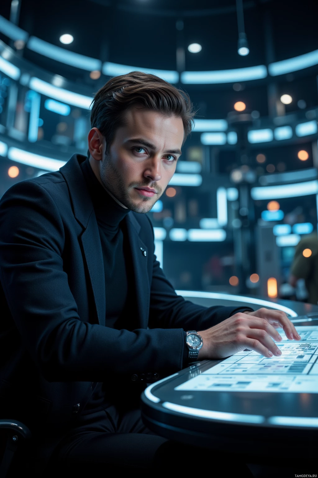Realistic high quality photo. A man, 37, slicked-back light brown hair, gray eyes, wearing a black turtleneck and sleek futuristic coat, sits at a humming holo-console in a dimly lit control chamber, watching blinking code while drones spin in the background, with a focused, detached expression, late night.