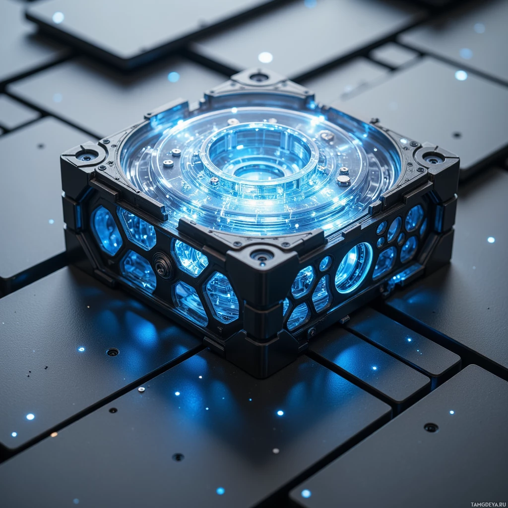 Semi-abstract image with many light, that is suitable for the post:  compact translucent titanium lattice with honeycomb geometry, matte black chassis, subtle internal blue-white glow from stored photon flux and fine silver micro‑engine circuitry interlaced throughout the structure.