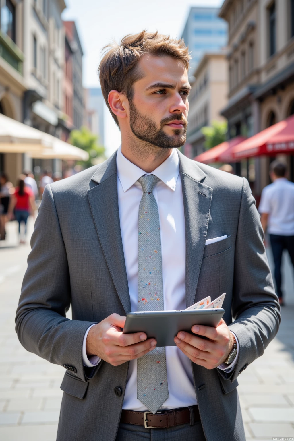 Realistic high quality photo. A man, 34, short light brown hair, pale green eyes, wearing a fitted light grey suit with a crisp white shirt and silver tie, standing on a sunny plaza street watching a street magician perform a card trick while holding a tablet displaying a detailed spreadsheet, his posture focused and analytical amid a modern city backdrop.