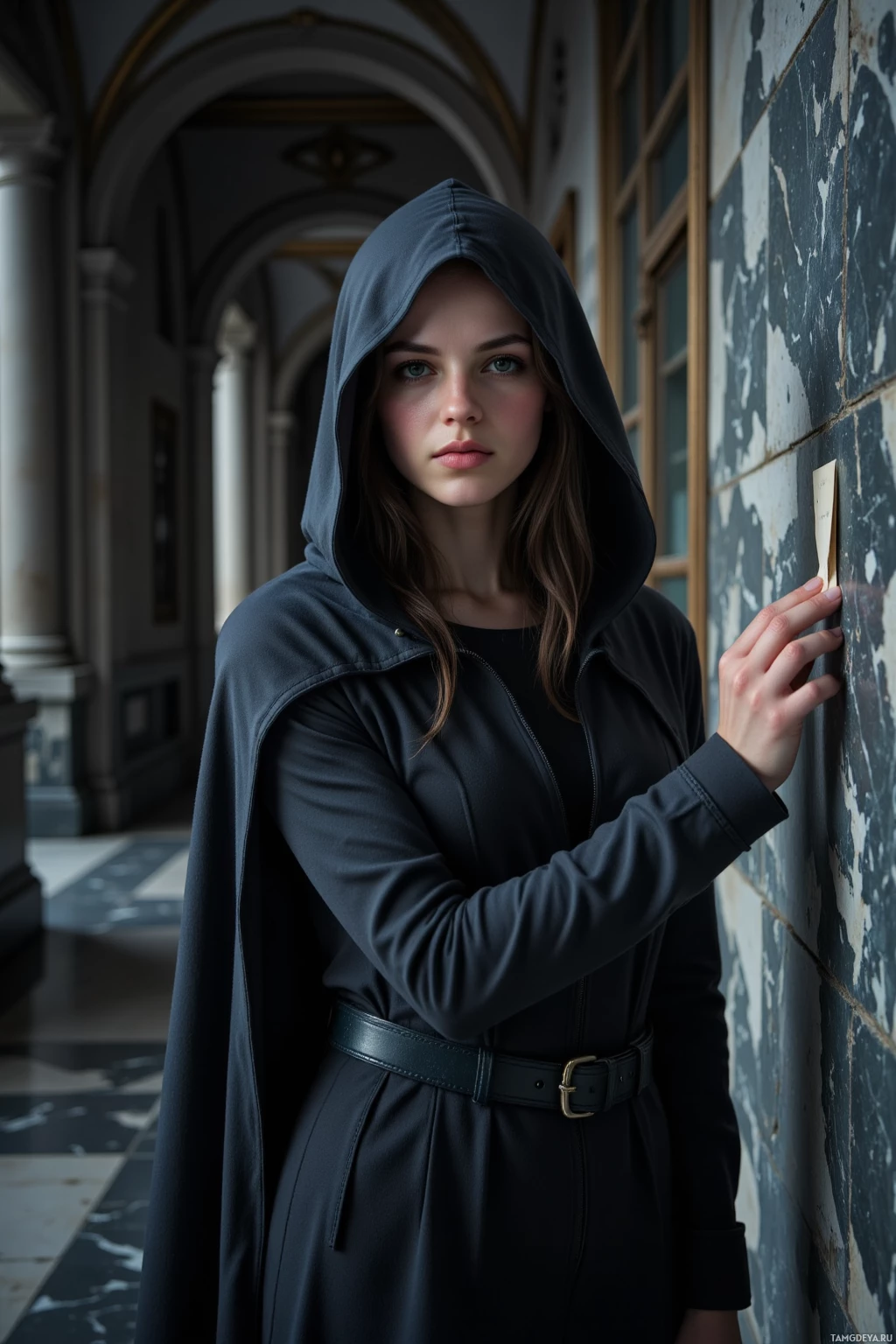 Realistic high quality photo. A tall woman, 25, dark hair and green eyes, wearing a dark hooded cloak that blends into a midnight museum marble hallway, stealthily slipping a note into a hollowed marble wall, her posture tense and elusive, with a faint reflection of her in the corridor, evoking a mysterious, cunning aura.