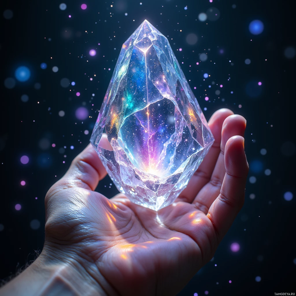 Semi-abstract image with many light, that is suitable for the post:  A hand‑held crystal prism with silver-tipped edges, its polished facets glowing in nebular hues that refract light into swirling iridescent patterns, centered around a vibrating quartz lattice core emitting faint auroral glows.