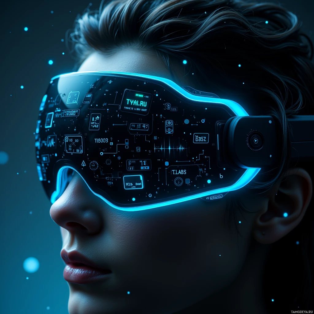 Человек в футуристических VR-очках, излучающих голубое свечение, с цифровыми дисплеями и сложной схемотехникой.