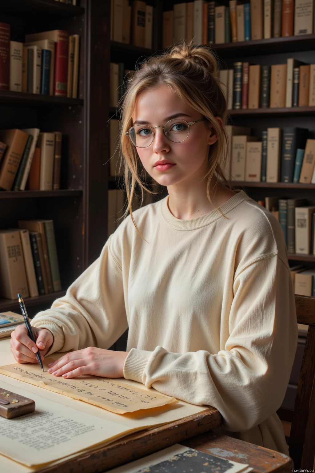 Человек в очках и бежевом свитере сидит за столом с открытой книгой и пишет в блокноте.