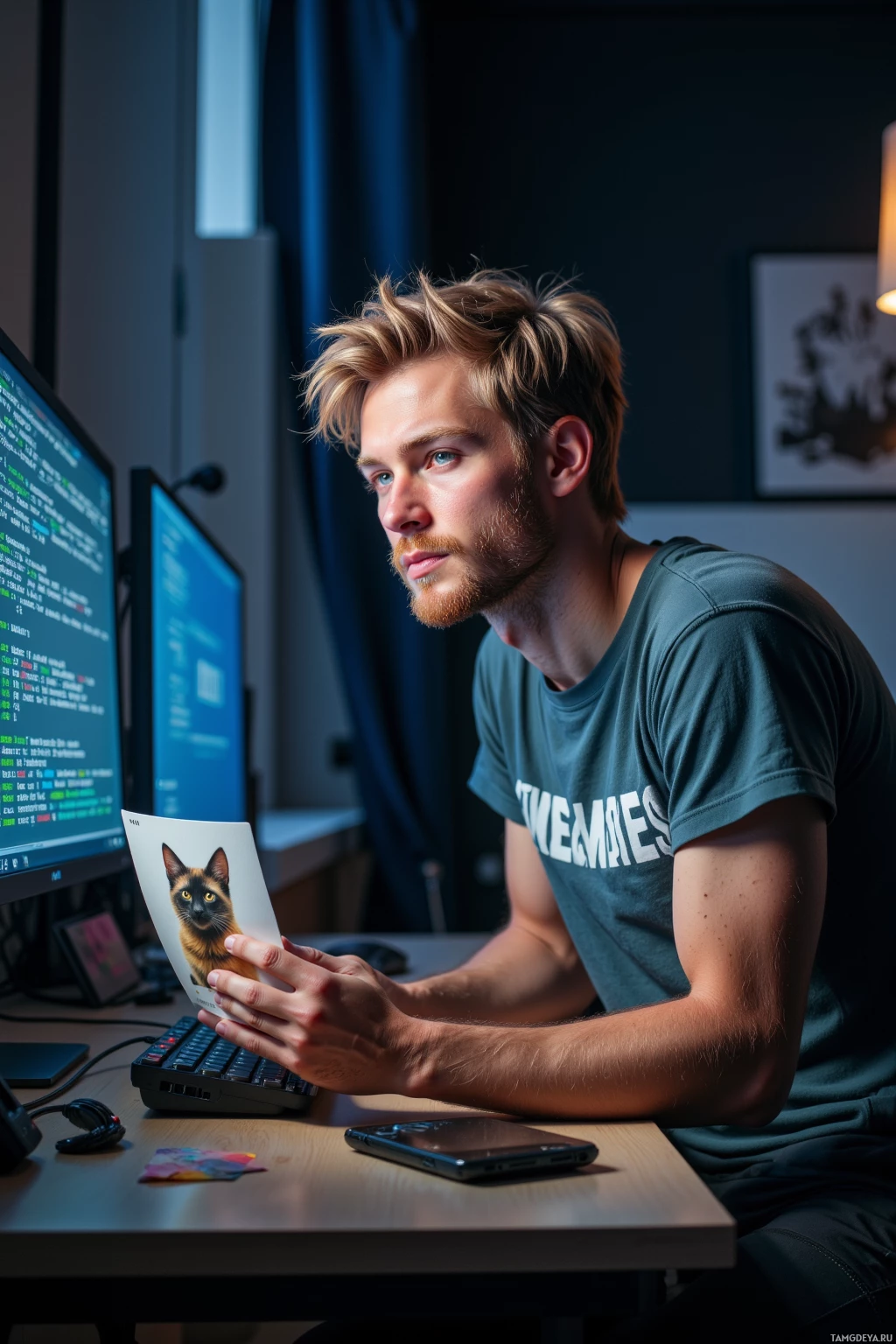 Realistic high quality photo. A 27‑year‑old man with tousled blonde hair, bright blue eyes, angular features, wearing a graphic t‑shirt and relaxed sweatpants, leans over a high‑definition 8K monitor in a modern home office, glitching pixelated code, holding a printed meme of an 18‑year‑old cat CEO in one hand, night time with the screen glow illuminating his impatient, playful grin.