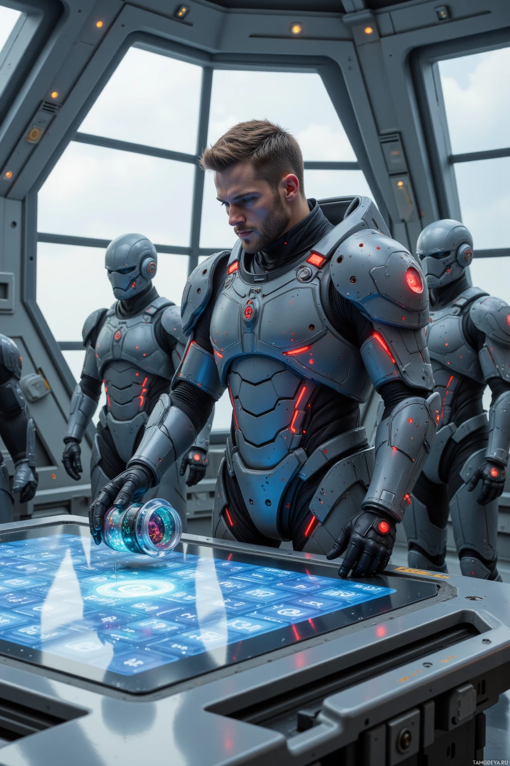 Realistic high quality photo. Man, 42, short light brown hair, blue eyes, wearing matte grey armor with glowing red circuit-like lines, standing at a polished metal briefing table in a sterile command center, pointing to a holographic projection of coded loyalty protocols while holding an alphabetically organized nutrient gel container, surrounded by silent AI enforcers in sleek suits under morning light filtering through glass walls.