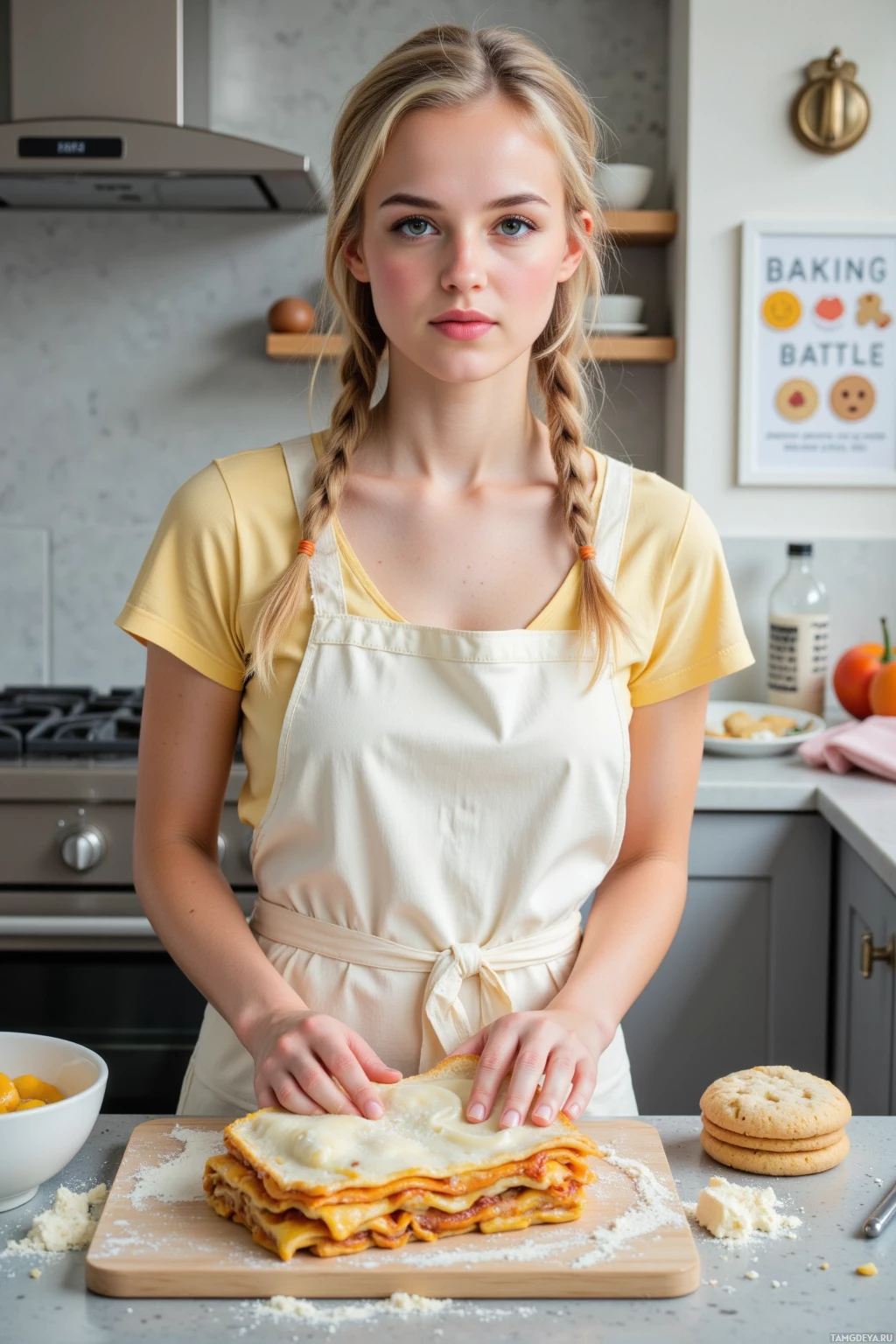 Realistic high quality photo. Woman with light blonde braided pigtails and green eyes, cream apron over pastel yellow dress dusted in flour, standing in a modern kitchen kneading croissant lasagna on the counter as an oven shows burnt cookie scorch marks and she writes frosting journal beside a "baking battle" poster.