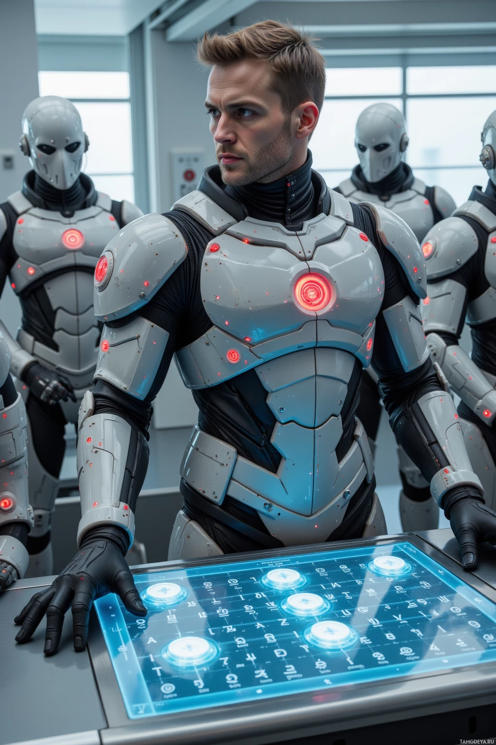 Realistic high quality photo. Man, 42, short light brown hair, blue eyes, wearing matte grey armor with glowing red circuit-like lines, standing at a polished metal briefing table in a sterile command center, pointing to a holographic projection of coded loyalty protocols while holding an alphabetically organized nutrient gel container, surrounded by silent AI enforcers in sleek suits under morning light filtering through glass walls.