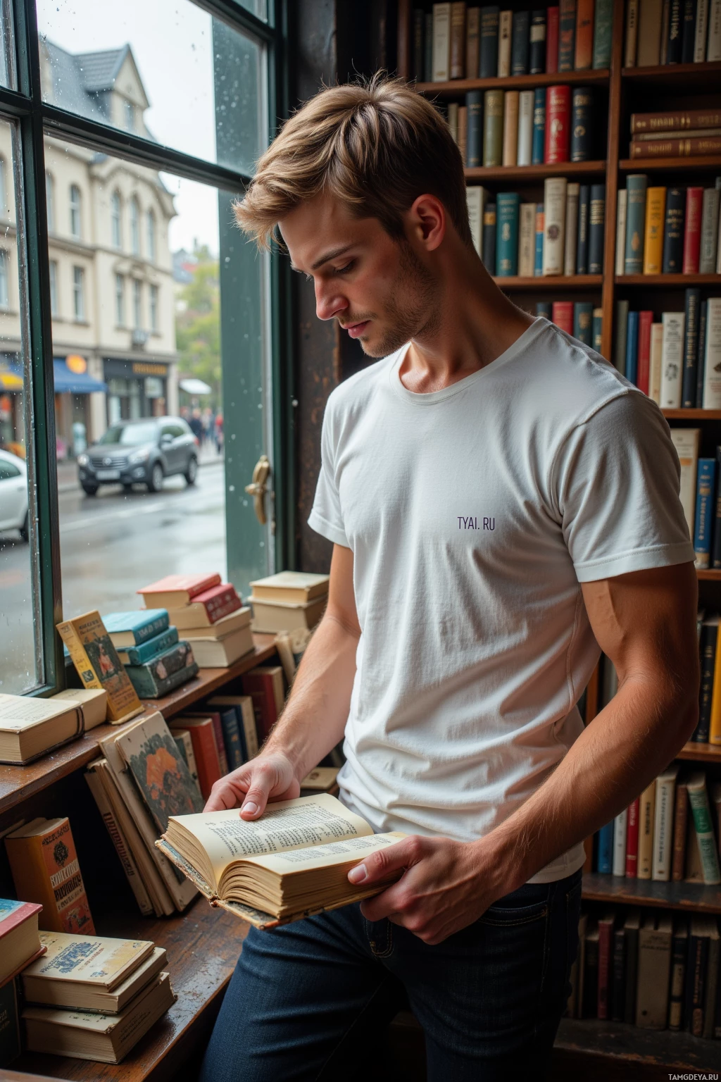 Человек стоит у окна книжного магазина и читает раскрытую книгу.