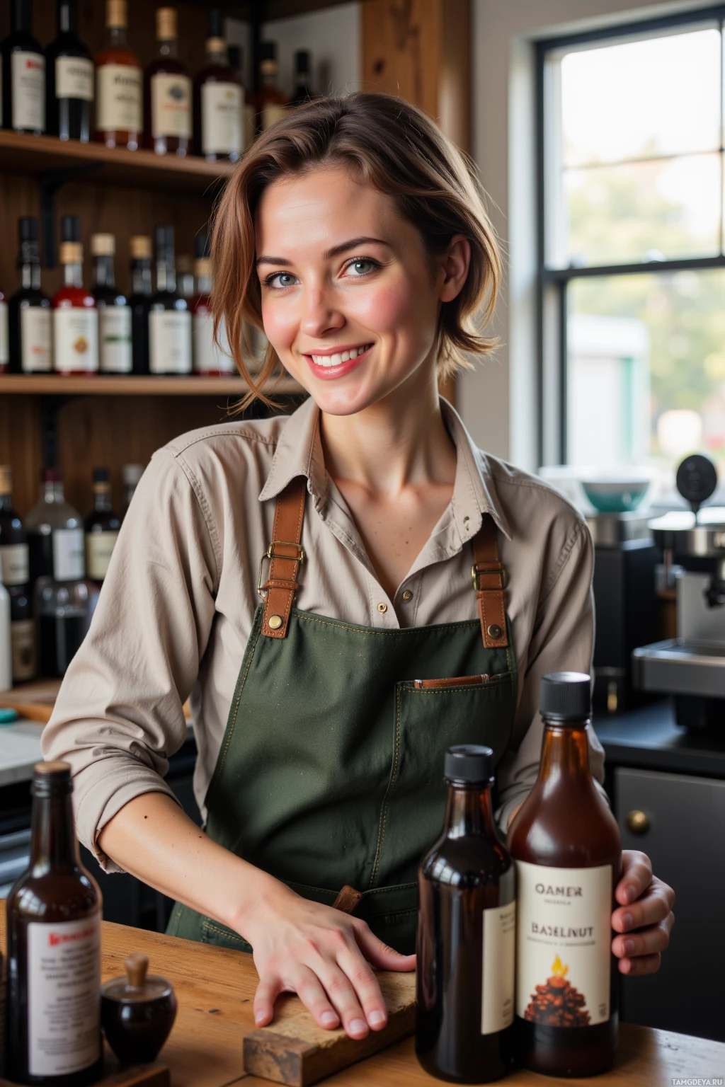 Realistic high quality photo. A 28‑year‑old barista with short light brown hair, bright blue eyes, a warm smile, wearing a simple café apron over a casual shirt, labeling vanilla and hazelnut syrup bottles in a cluttered backroom with an ink bottle tucked in the corner, surrounded by shelves of colored syrups and espresso equipment, midday light filtering through a window.