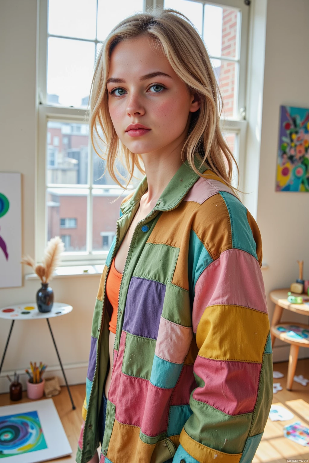 Realistic high quality photo. A 20‑year‑old woman with blonde loose waves, blue‑green eyes and pale skin wearing a colorful patchwork jacket over a bright top stands in a sunlit modern art studio chasing a feather duster that leaves glitter on the floor while her paintbrush hesitates; attic wind casts shadow patterns like abstract invitations as she contemplates a watercolor.