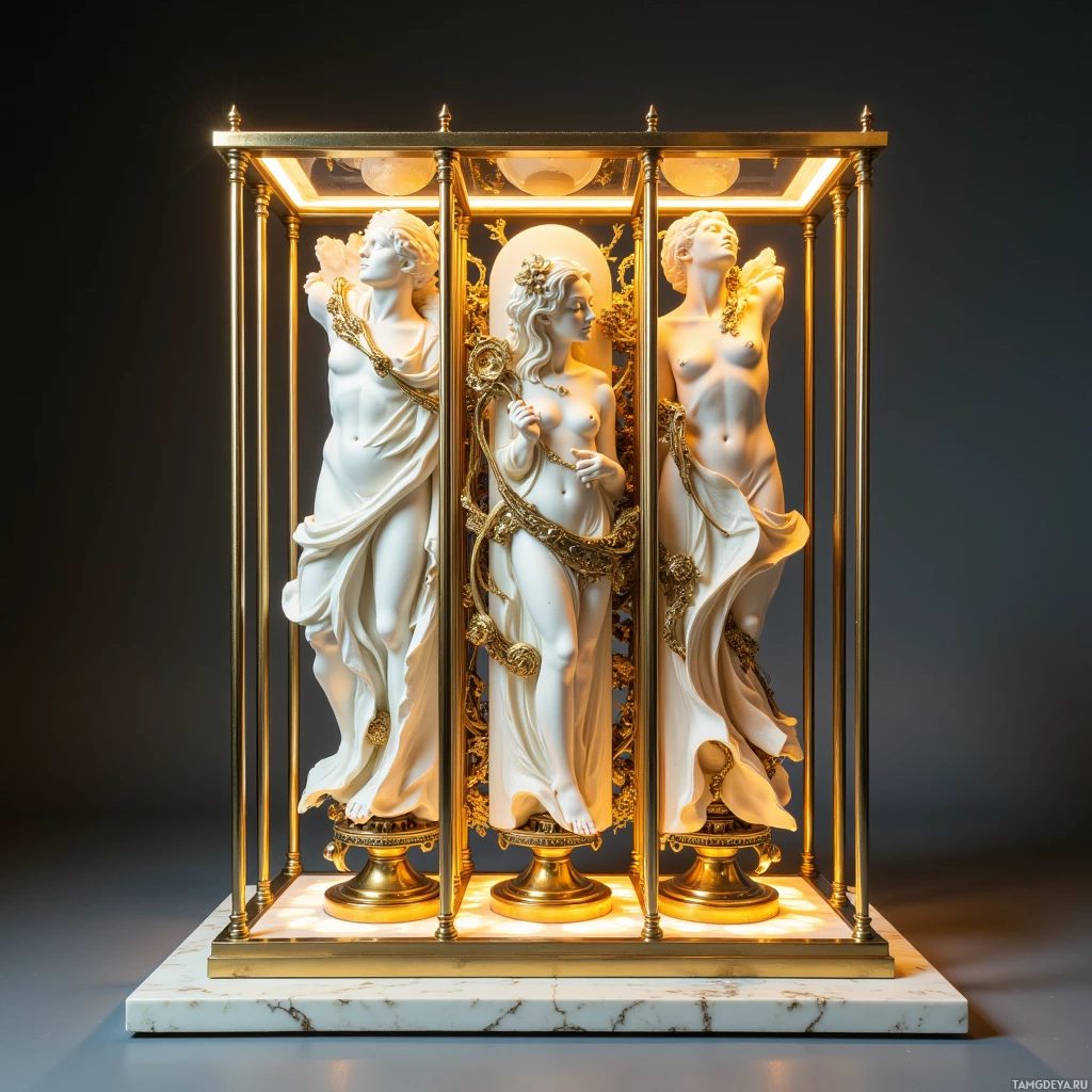 Semi-abstract image with many light, that is suitable for the post:  A kinetic sculpture with a polished brass frame and precision joints, interchangeable white marble panels displaying Michelangelo’s David, Botticelli’s Venus, and abstract forms, sliding silently to reveal each artwork, featuring visible brass gears and delicate mechanisms.