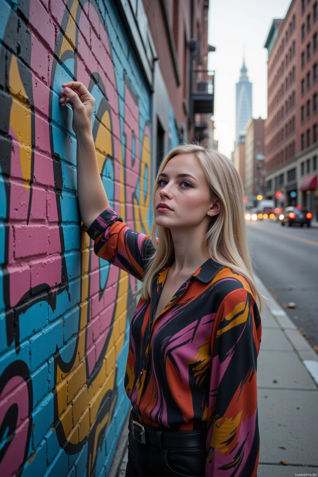 Realistic high quality photo. A 29‑year‑old woman with medium‑length blonde hair, blue eyes, pale skin, wearing a bold‑patterned trendy blouse and statement jewelry, stands in a narrow city alley at dusk, tracing the faded edges of a mural on brick walls while dust motes swirl around a lingering spray can, with distant traffic humming in the background.