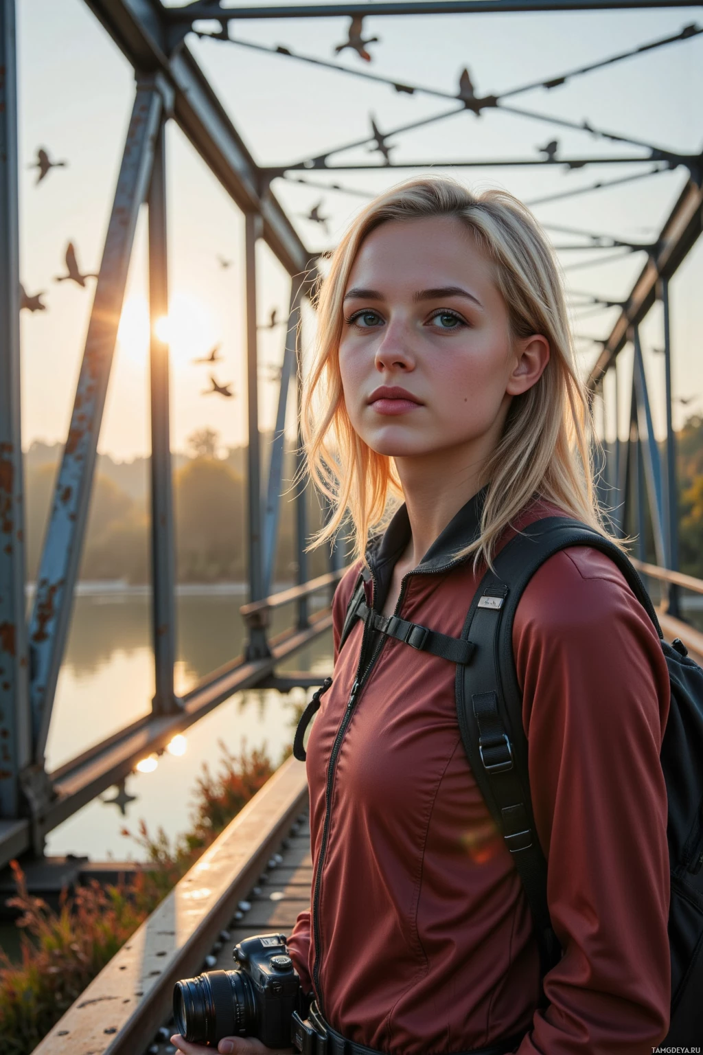На мосту стоит человек с фотоаппаратом, на заднем плане – птицы в полете.