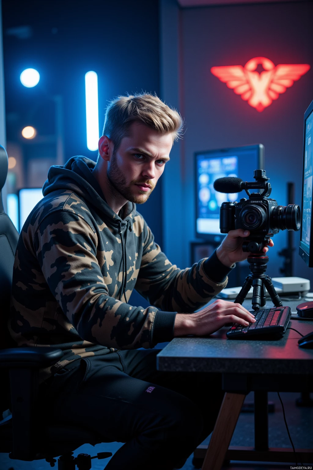 Realistic high quality photo. A muscular male streamer, 34, short blonde hair, blue eyes, wearing a camouflage hoodie and sturdy pants, intensely focused in a dimly lit studio at night, tightening camera angles on a tripod with multiple monitors, while a pulsing emblem glows on the wall behind him amid studio lights and recording equipment, embodying tactical precision and competitive drive.