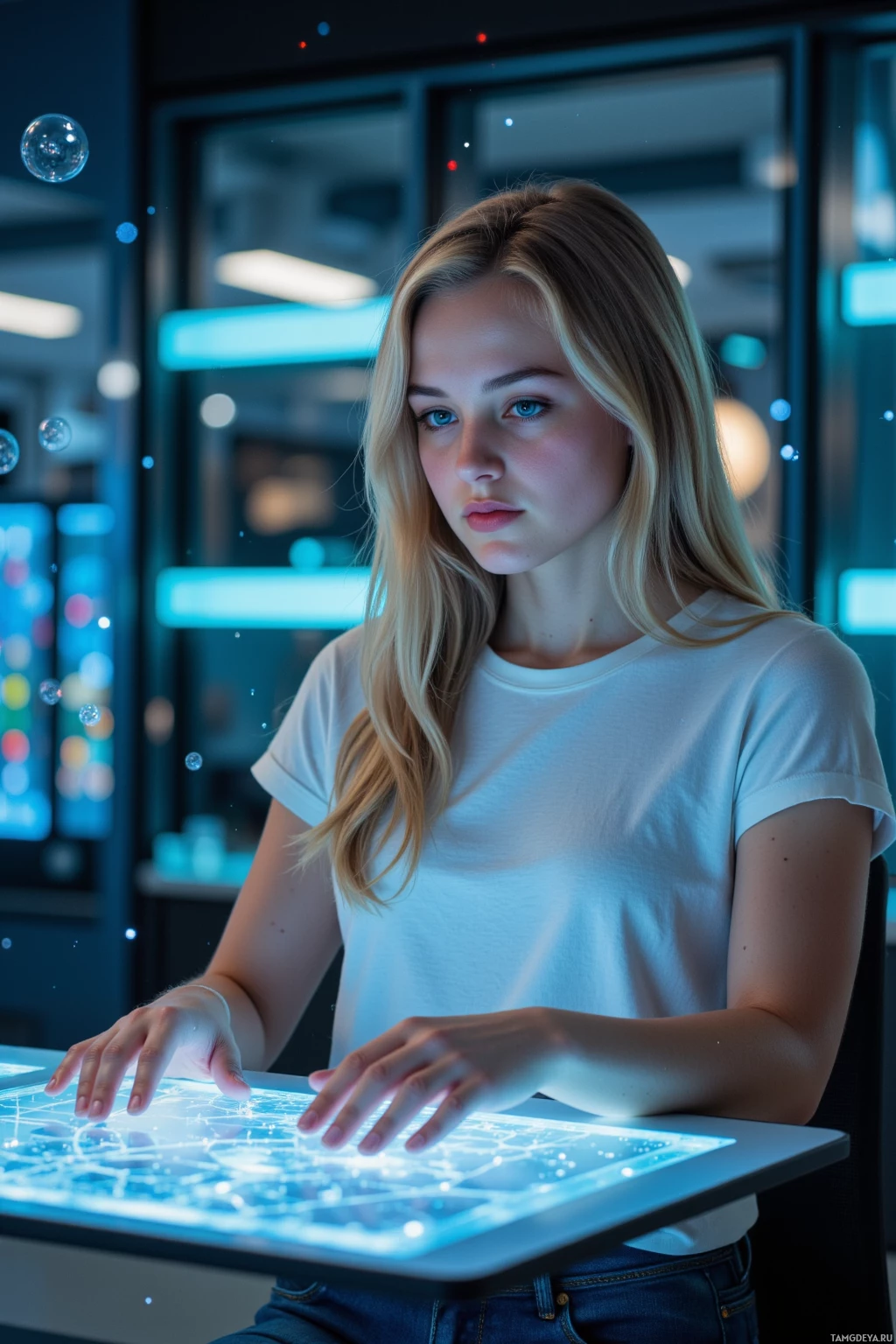 Realistic high quality photo. Female coder, 27, long blonde hair, bright blue eyes, wearing a simple white t‑shirt and dark jeans, works at a floating holographic console in a dimly lit cyber laboratory, turning lullaby melodies into neural network diagrams while swirling error bubbles flare around her at midnight.
