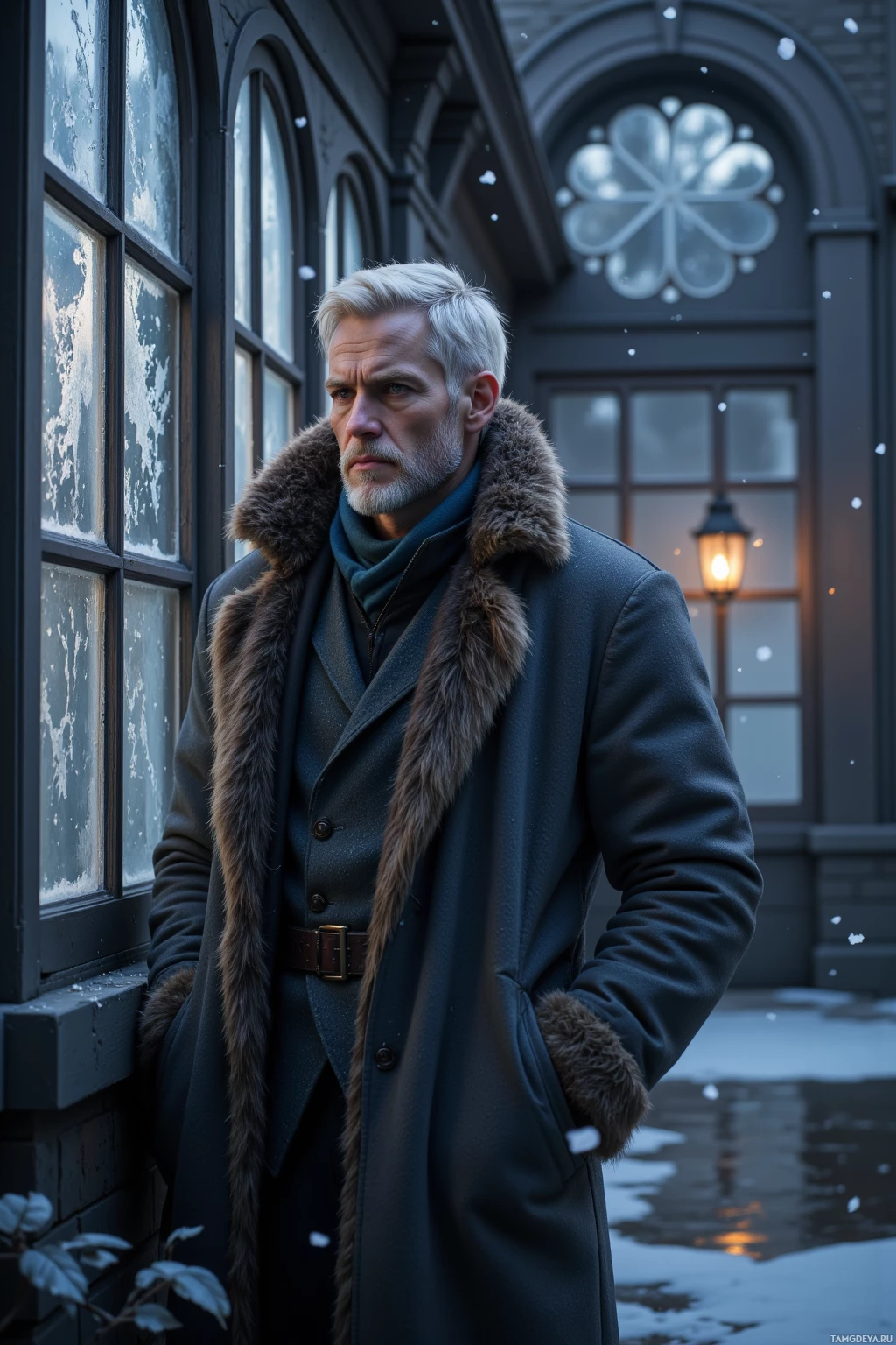 Realistic high quality photo. A 34‑year‑old pale‑skinned man with blonde hair and icy blue eyes, wearing a thick fur‑lined winter coat, stands in an empty courtyard at dusk, gazing at frost patterns on a window pane while a lone lantern flickers beside him and silver leaves drift around him.