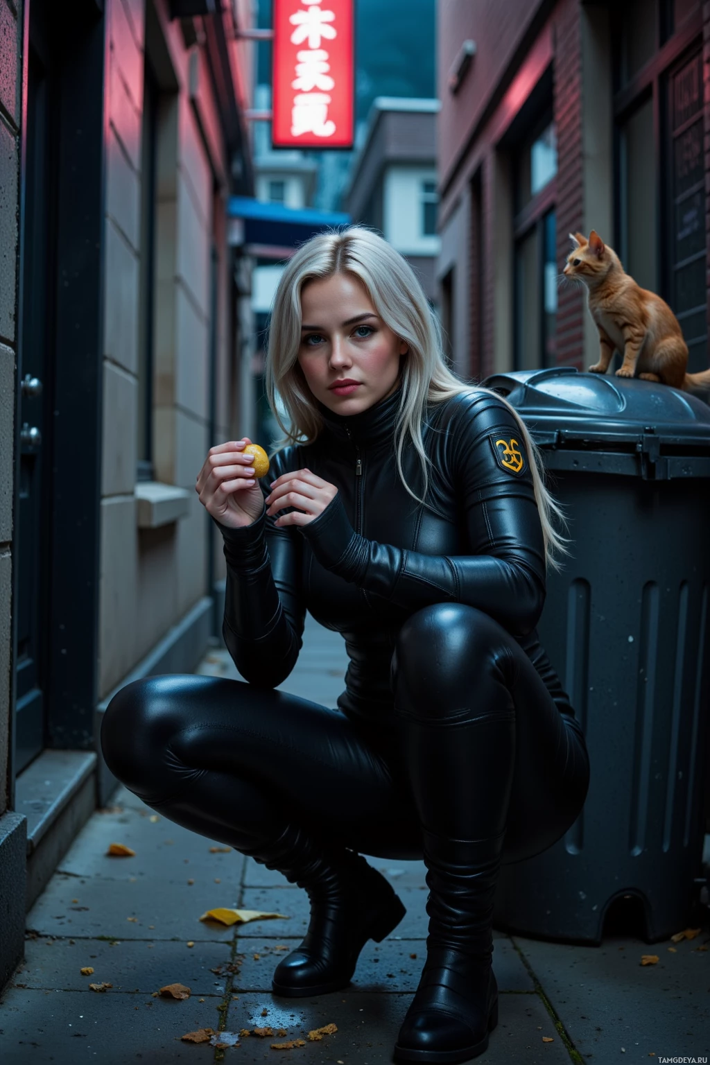 Realistic high quality photo. A 31-year-old woman with silver hair in a low ponytail, striking blue eyes, porcelain skin, and fitted black tactical suit for stealth, crouches behind a trash can in a dimly lit alley at night, holding a half‑eaten bagel whose crumbs are offered to an urban bird perched nearby, while a stray rooftop cat watches from above under a glowing neon sign.