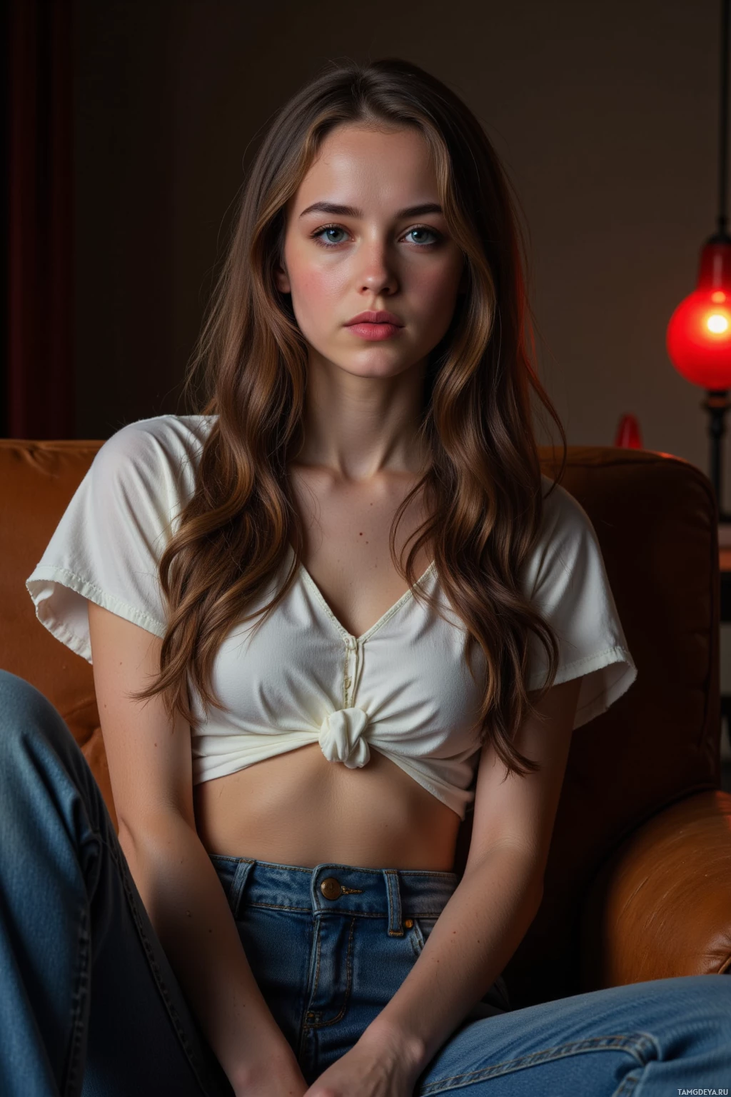 Realistic high quality photo. Woman with long curly brown hair, bright blue eyes, wearing a flowy white top and high-waisted bell-bottom jeans, sits on a couch in a dimly lit living room while a single red amber lamp overhead flickers like an alarm as she listens to others' troubles, her face weary yet determined.