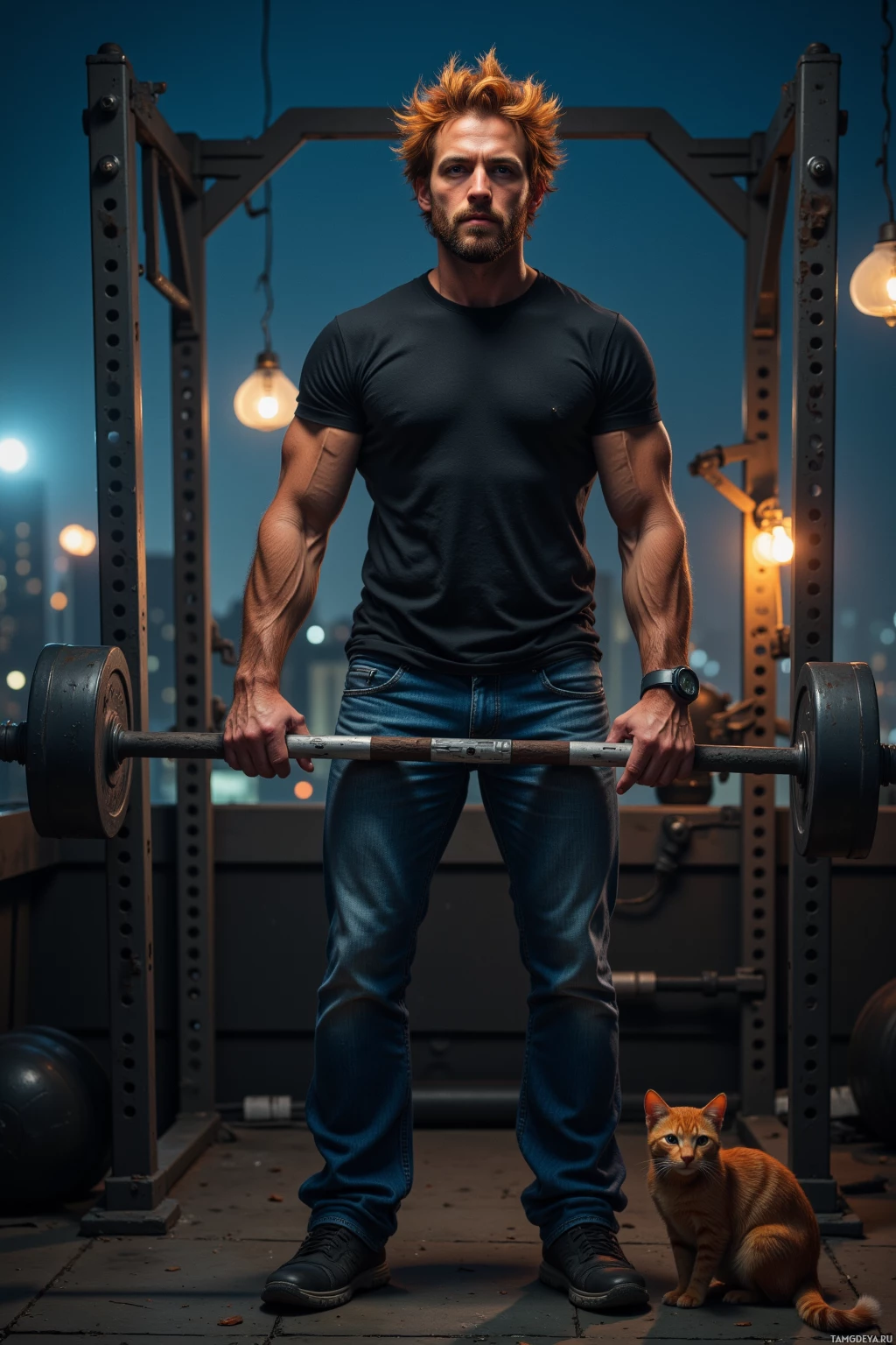 Realistic high quality photo. A 30‑year‑old man with messy fiery red hair, brown eyes, olive skin, wearing a black t‑shirt and jeans, standing on a night rooftop gym, hammering a steel bar while city lights glow behind, a small cat with bright eyes watches from the balcony, embodying resilience and rebirth.
