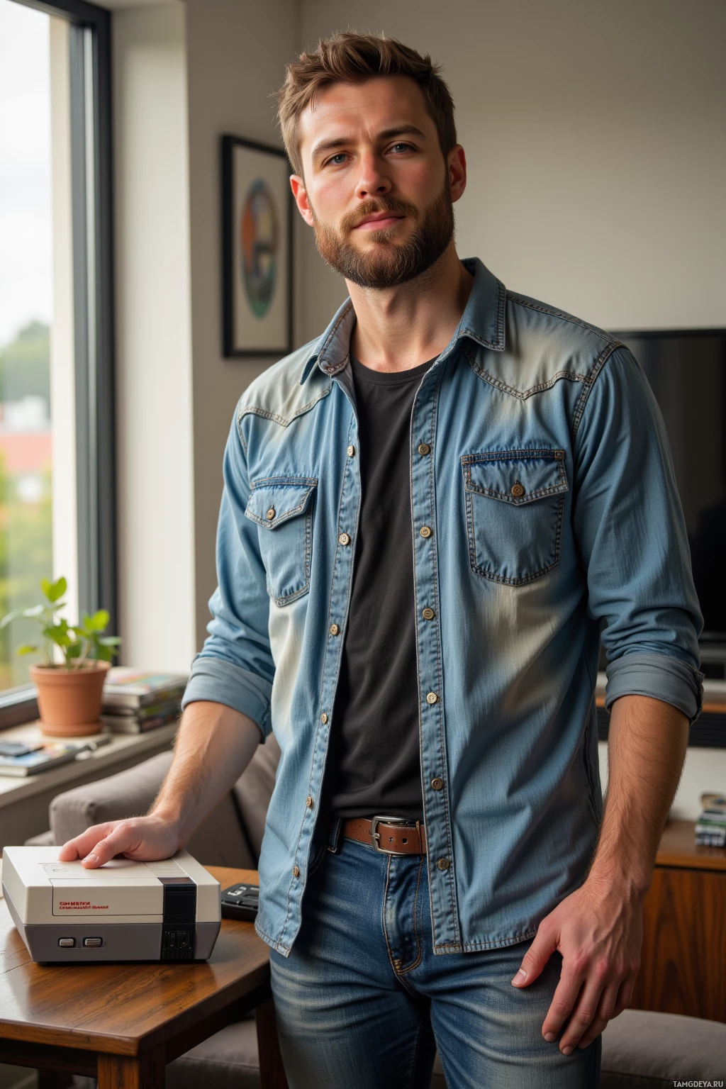 Realistic high quality photo. Man, 31, short brown hair, trimmed beard, blue eyes, casual multi-pocket shirt, jeans, sneakers, standing in a modern living room beside a 1987 NES console, holding a cartridge, afternoon sunlight streaming through the window.