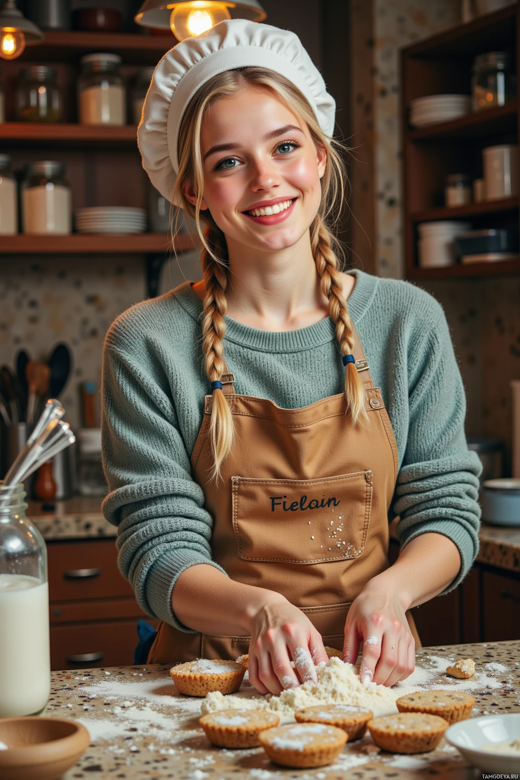 Человек в поварском колпаке и фартуке готовит еду на кухне.
