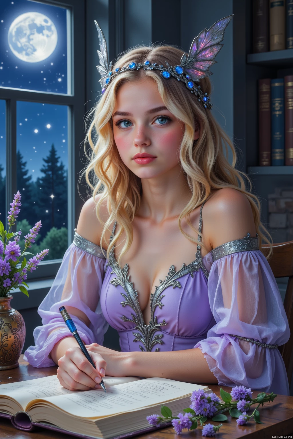 Молодая женщина в короне пишет в книге у окна ночью.