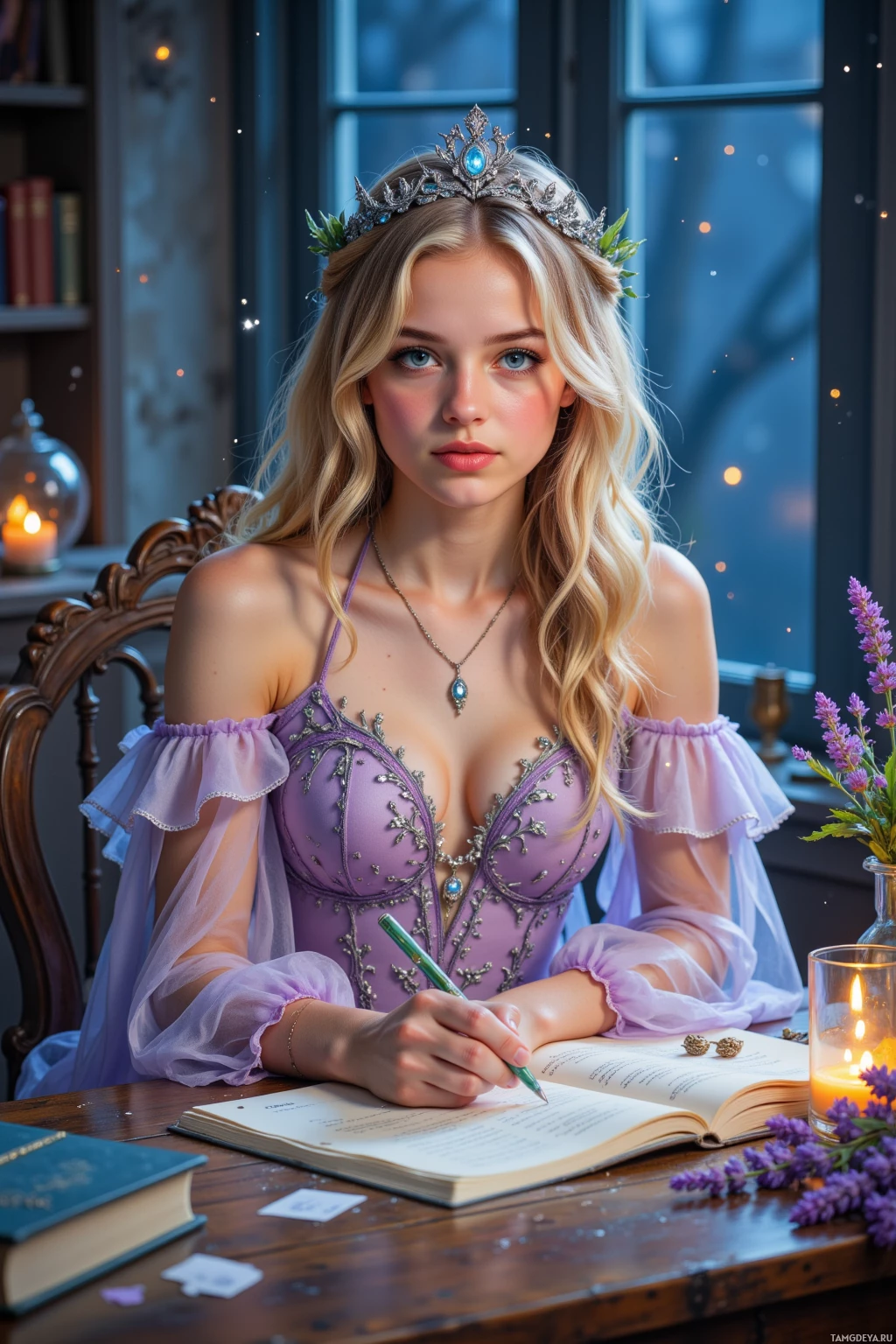 Женщина в фиолетовом платье и с тиарой сидит за столом и пишет в книге.