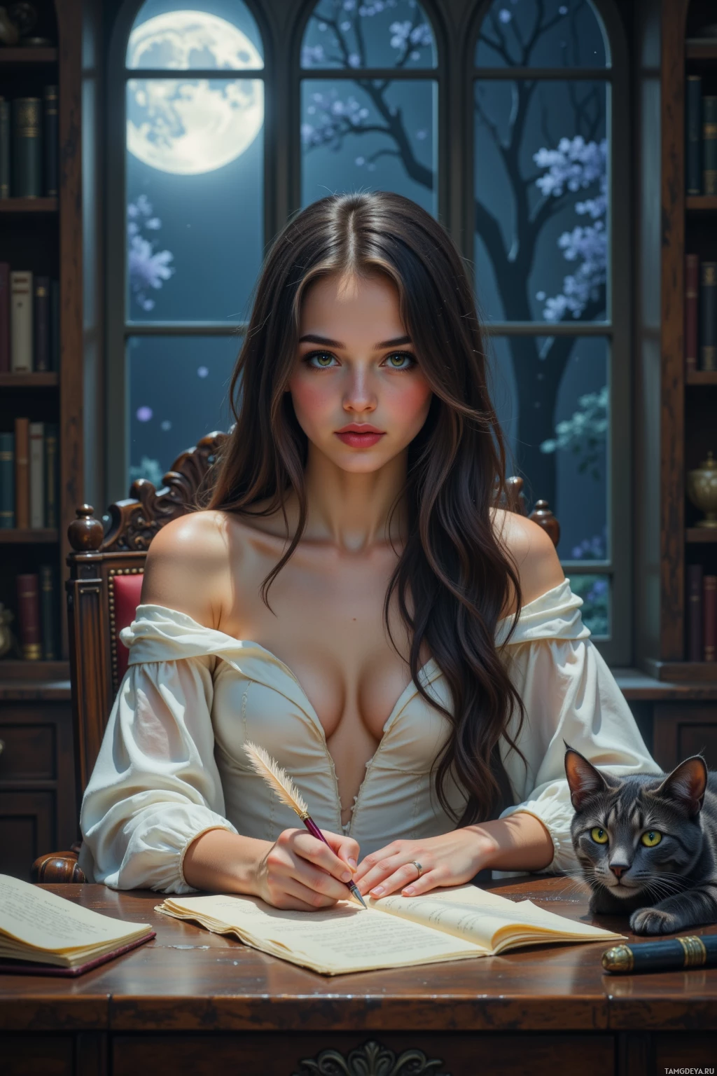 Женщина сидит за столом, пишет пером в книге, рядом с ней - кошка.
