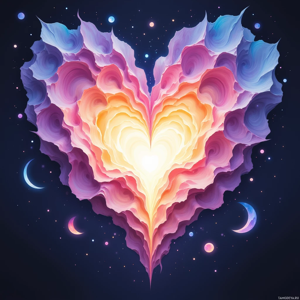 Semi-abstract image with many empty light space at center of beautiful background, that is suitable for the post:  My doubts unfold like origami moons, crisp and fragile, orbiting a stubborn, shimmering heart.