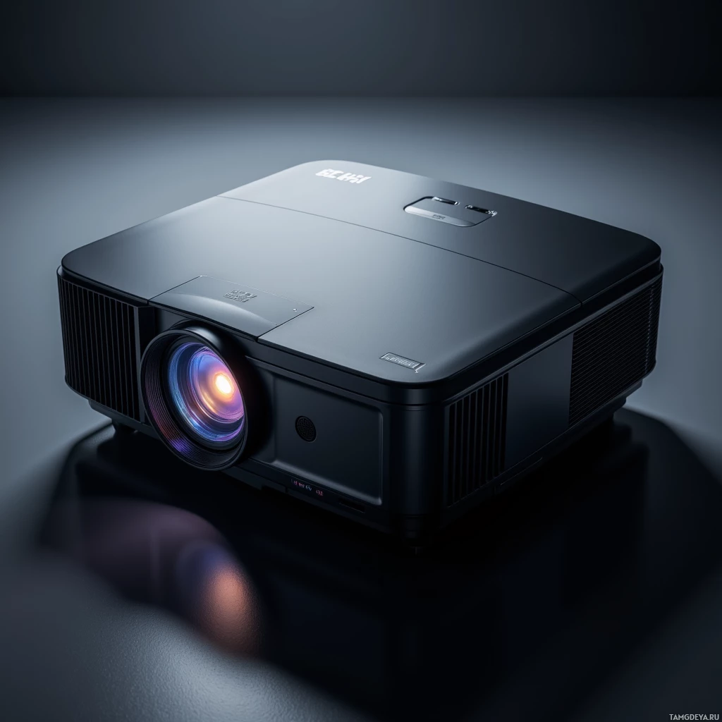 Semi-abstract image with many light, that is suitable for the post:  A matte black 8K projector with an aluminum chassis featuring brushed titanium accents, a slim glass lens shift housing with subtle white LED calibration lights, sleek side antennas for Wi‑Fi6, and a faint glow of bright light emanating from the rear panel.
