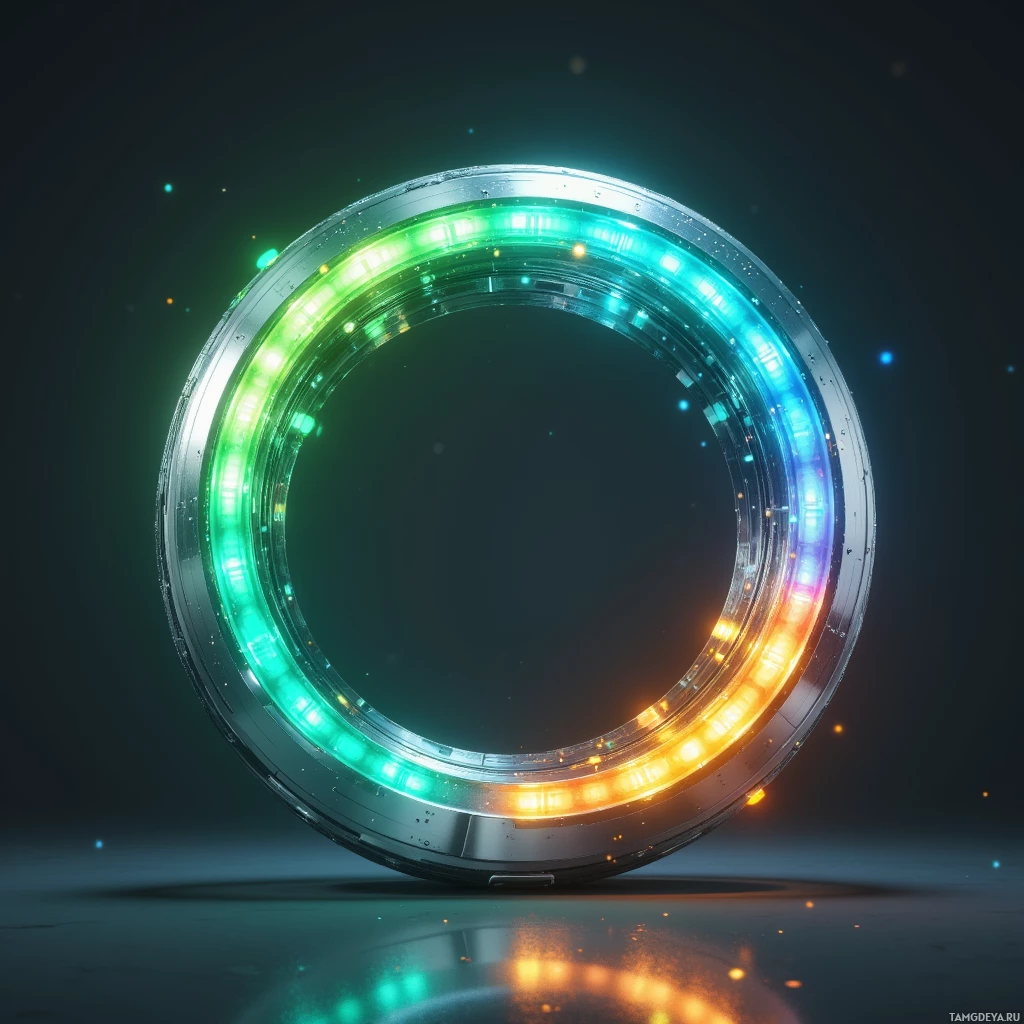 Semi-abstract image with many light, that is suitable for the post:  Sleek silver collar band with a translucent pulsing ring, lightweight, featuring subtle green, amber, and blue color panels, embedded sensors, reflective edges, gentle glow.