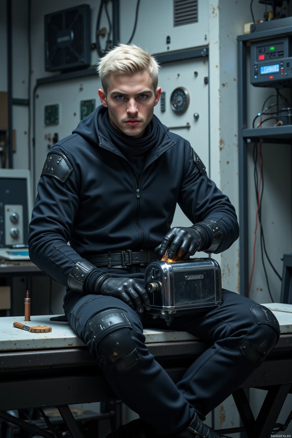 Realistic high quality photo. Male, 27, short platinum blonde hair, bright blue eyes, wearing sleek minimalist black techwear with sharp clean lines, seated on a floating workbench in a dimly lit orbital maintenance bay, deconstructing a humming toaster’s glitch with a micro‑screwdriver, surrounded by suspended circuit boards and a soft cooling fan hum.