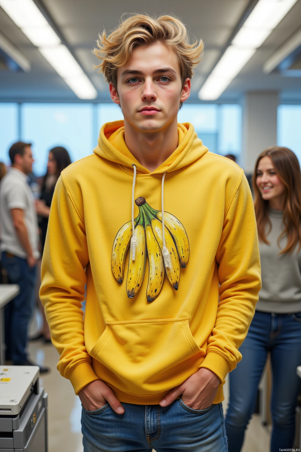 Realistic high quality photo. A 20‑year‑old male prankster with tousled blonde hair, bright blue eyes, wearing a vibrant yellow banana‑patterned hoodie and loose jeans, stands in a fluorescent‑lit office, with a jammed printer in the foreground and coworkers laughing in a bright, energetic midday atmosphere.