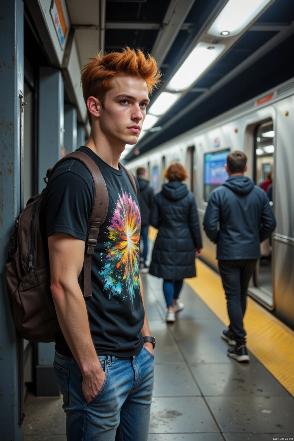 Realistic high quality photo. A 24-year-old man with fiery red tousled hair, bright blue eyes, wearing a bold graphic black t‑shirt, denim jeans, and clean sneakers, confidently looking toward the open train doors while commuters bustle past, with the metallic rails and overhead platform lights casting a sharp, realistic urban glow.