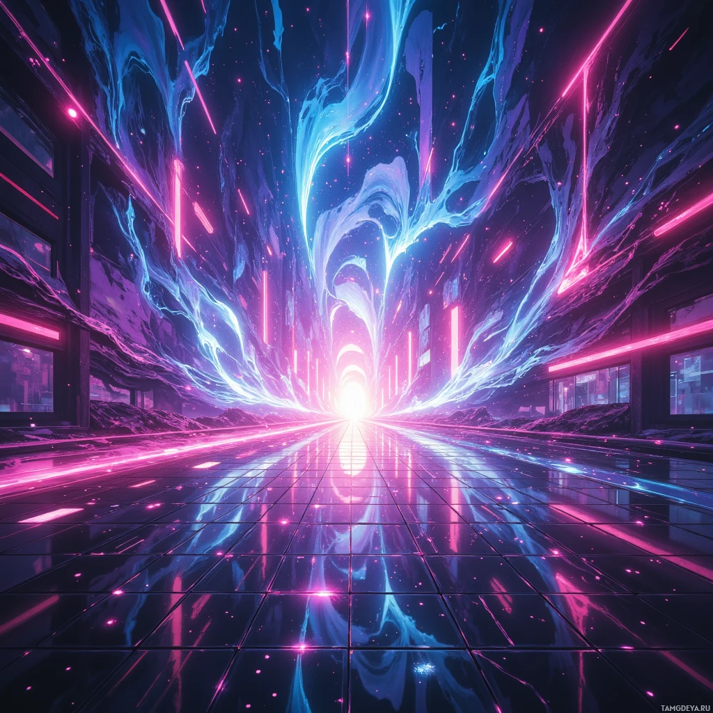 Яркая, футуристическая сцена, залитая неоновым светом и сияющими энергетическими потоками.