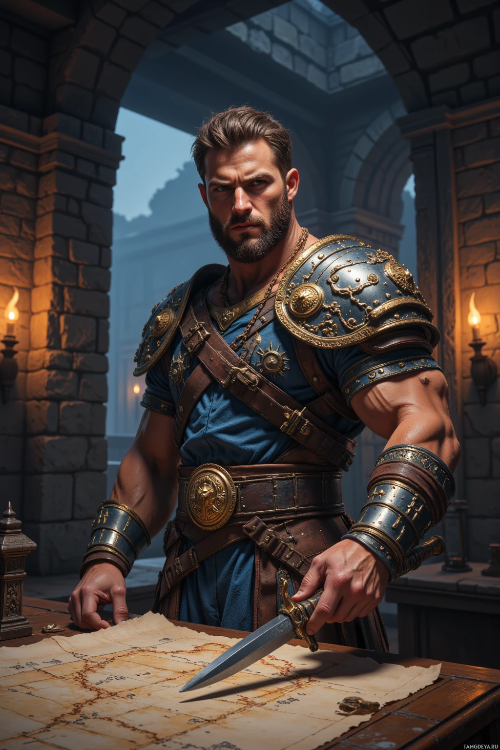 Realistic high quality photo. A 34‑year‑old muscular man with brown hair, piercing blue eyes, pale skin, defined jawline and prominent cheekbones, wearing intricately detailed tribal armor adorned with clan symbols and holding dual sharp blades, stands in a dimly lit stone training hall after dusk, studying a parchment map on a wooden table as torches cast flickering shadows on the walls, his expression fierce yet resolute, ready to lead comrades through the looming storm.